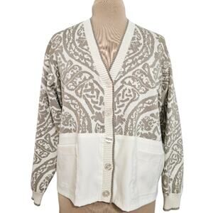 I.B. Diffusion Taupe and White Colorblock Cardigan Plunge V Neck Sweater Medium